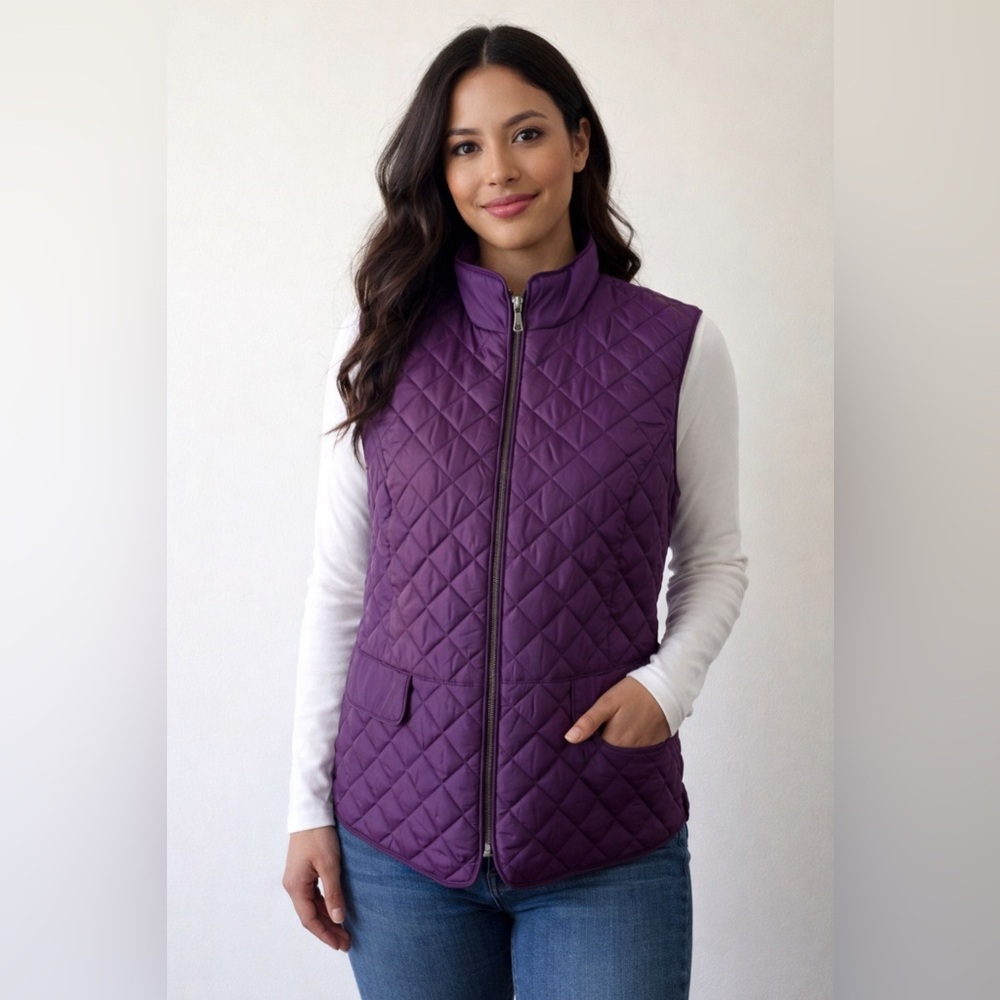 Brooks Brothers Women’s Purple Quilted Vest Size Large Zip Front Sleeveless